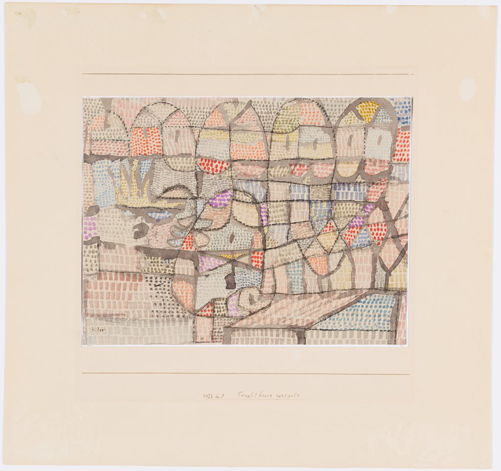 Composition abstraite de Paul Klee faite de lignes, de formes géométriques et de points colorés.