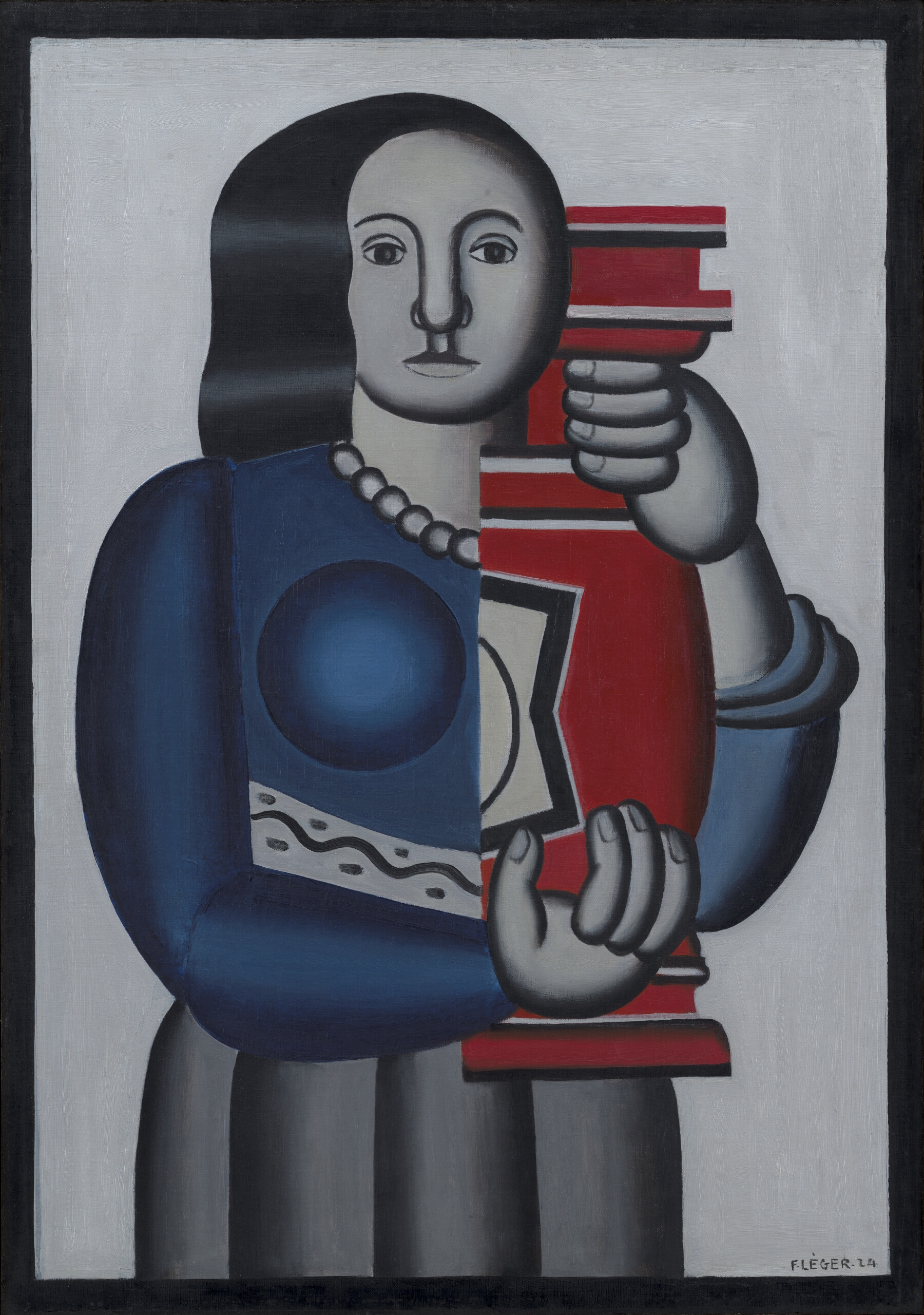La femme au vase de Fernand Léger, figure frontale géométrique tenant un vase rouge.